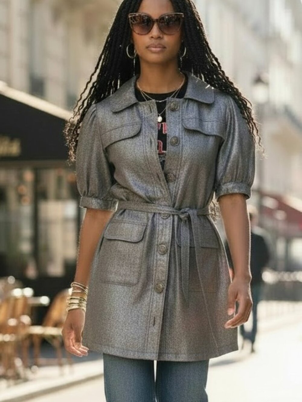 Vertigo Paris Linen Shirt Dress Silver Metallic Short Sleeve (S)